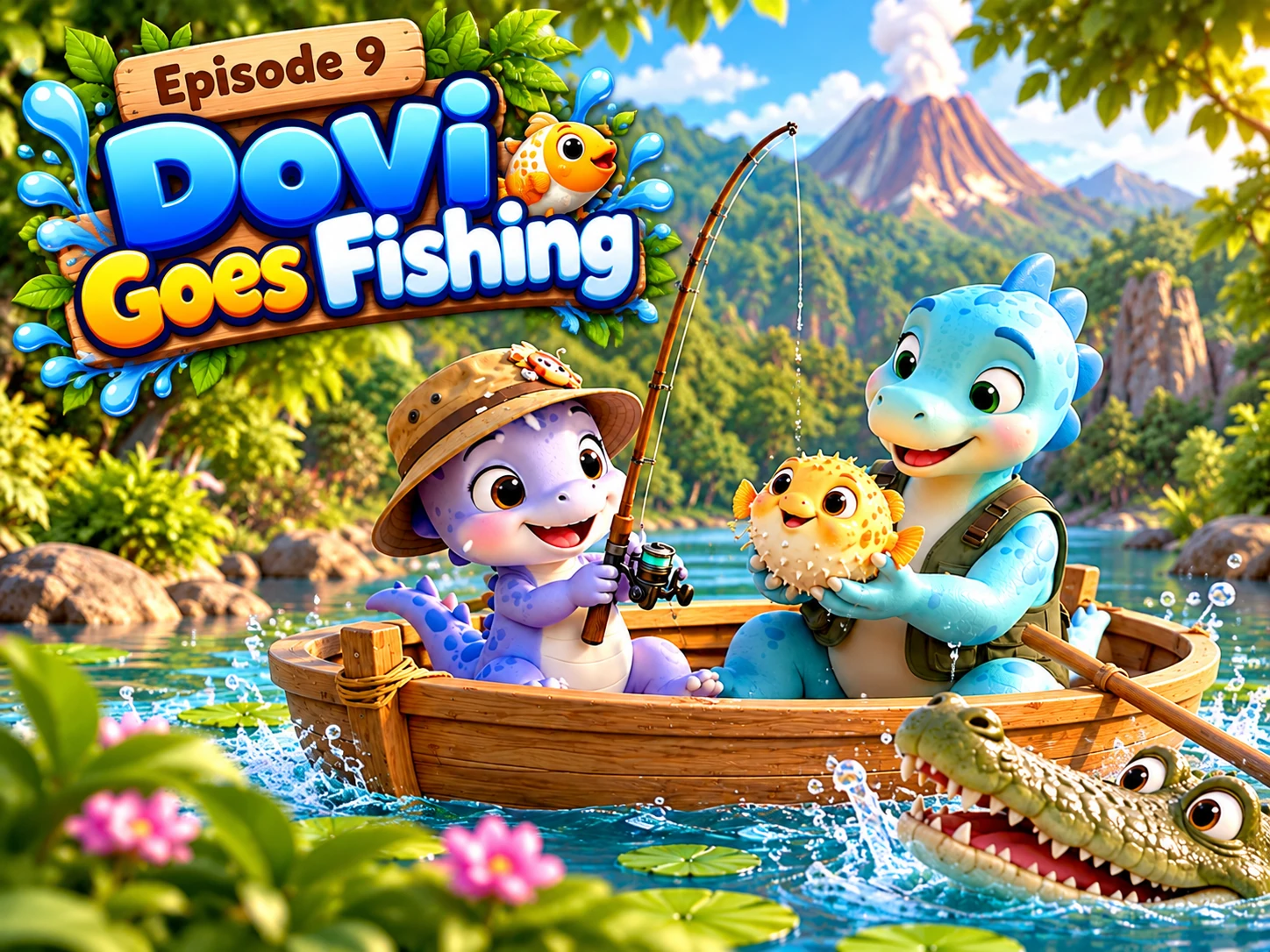 Dovi and Daddy Povi fishing from a boat beside a crocodile and a yellow pufferfish