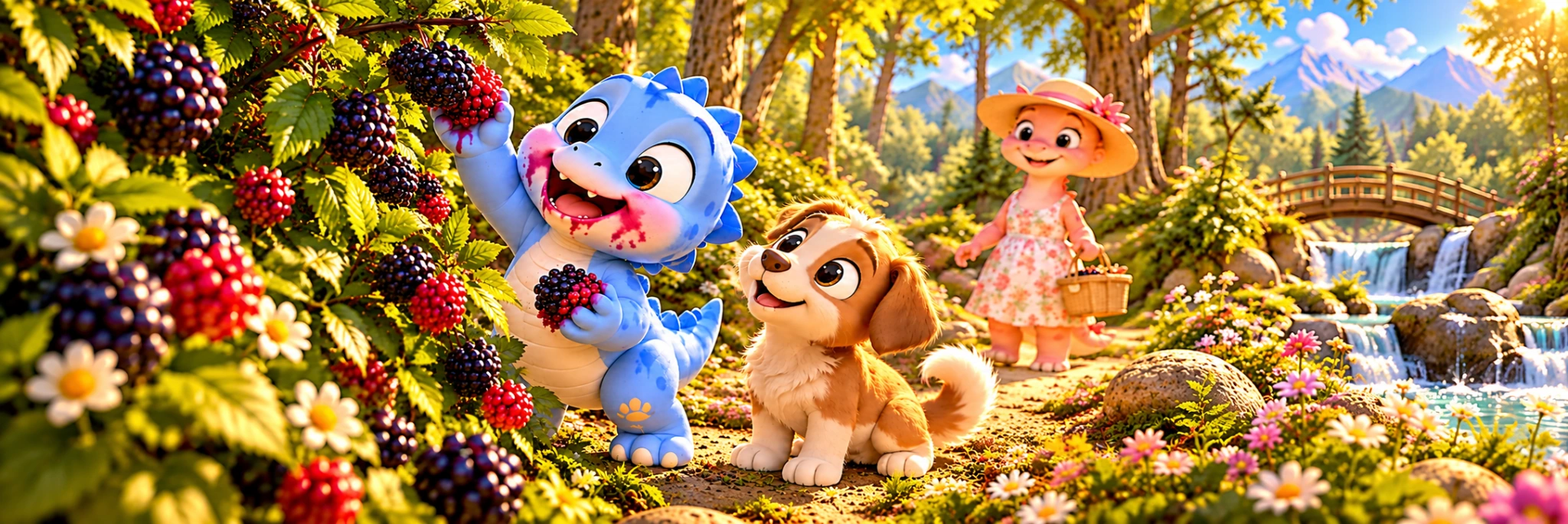 Dovi, Momi and Hav Hav discovering berries in the forest